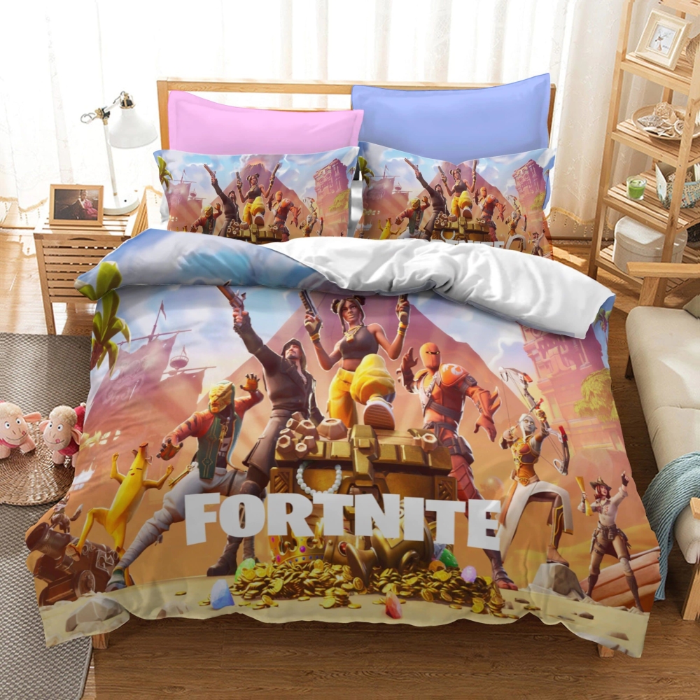 Parure de lit bleu marron avec imprimé Fortnite. Bonne qualité, confortable et à la mode sur un lit dans une maison