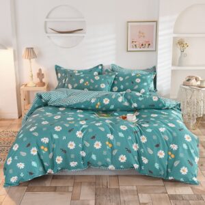 Parure de lit vert-bleu motif floral. Bonne qualité, confortable et à la mode sur un lit dans une maison