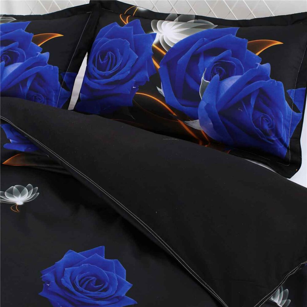 Parure de lit noir motif fleur bleue et blanche 36706 9963e0