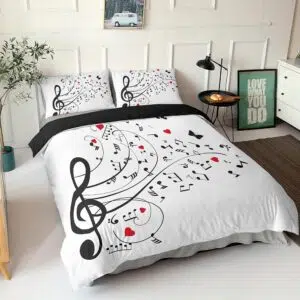 Parure de lit blanche motif note de musique. Bonne qualité, confortable et à la mode
