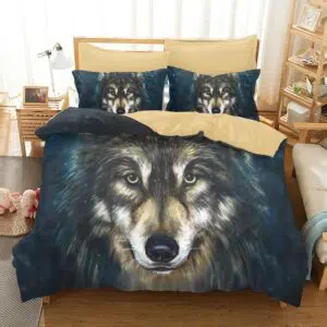 Parure de lit motif gentil loup. Bonne qualité, confortable et à la mode sur un lit dans une maison