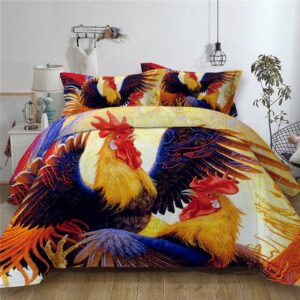 Parure de lit coq. Bonne qualité, confortable et à la mode sur un lit dans une maison