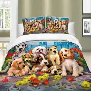 Parure de lit motif chien. Bonne qualité, confortable et à la mode sur un lit dans une maison