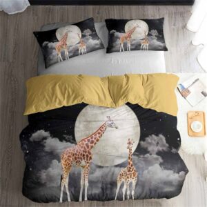 Parure de lit girafes lunaires. Bonne qualité, confortable et à la mode sur un lit dans une maison