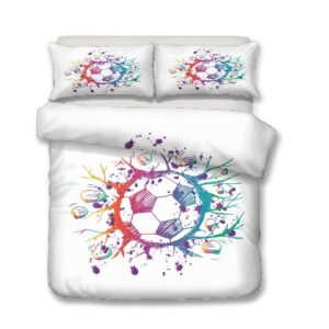 Parure de lit blanche avec un dessin de ballon. Bonne qualité, confortable et à la mode sur un lit dans une maison