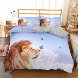 Parure de lit lion tendre. Bonne qualité, confortable et à la mode sur un lit dans une maison