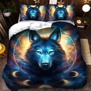 Parure de lit loup mystique. Bonne qualité, confortable et à la mode sur un lit dans une maison