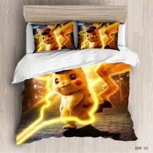 Parure de lit Détective Pikachu. Bonne qualité, confortable et à la mode sur un lit dans une maison
