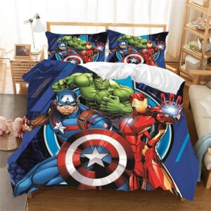 Parure de lit Iron Man, Captain America et Hulk. Bonne qualité, confortable et à la mode sur un lit dans une maison