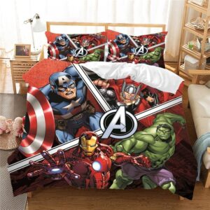 Parure de lit rouge Iron Man, Captain America et Hulk. Bonne qualité, confortable et à la mode sur un lit dans une maison