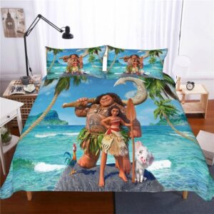 Parure de lit bleu Moana et Maui. Bonne qualité, confortable et à la mode sur un lit dans une maison