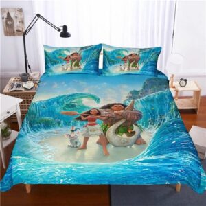 Parure de lit bleu ciel Moana et Maui. Bonne qualité, confortable et à la mode sur un lit dans une maison