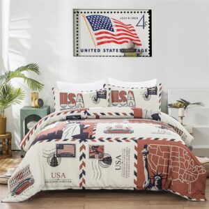 Parure de lit blanche style timbre USA statue de la liberté. Bonne qualité, confortable et à la mode sur un lit dans une maison