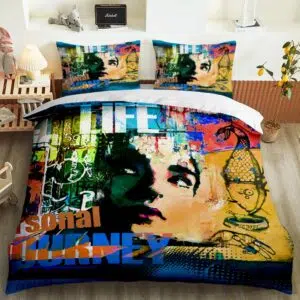 Parure de lit Hip Hop coloré avec visage femme. Bonne qualité, confortable et à la mode sur un lit dans une maison