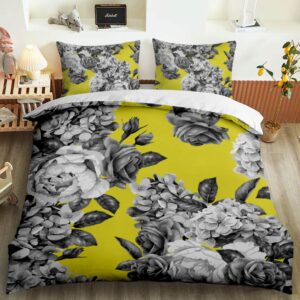 Parure de lit jaune motif rose grise. Bonne qualité, confortable et à la mode sur un lit dans une maison