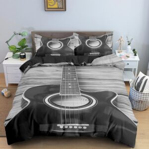 Parure de lit noir et blanc motif guitare. Bonne qualité, confortable et à la mode sur un lit dans une maison