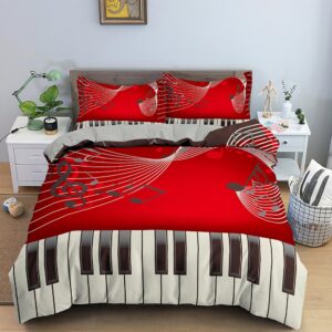 Parure de lit rouge motif piano et notes de musique. Bonne qualité, confortable et à la mode sur un lit dans une maison