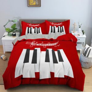 Parure de lit rouge motif piano. Bonne qualité, confortable et à la mode sur un lit dans une maison