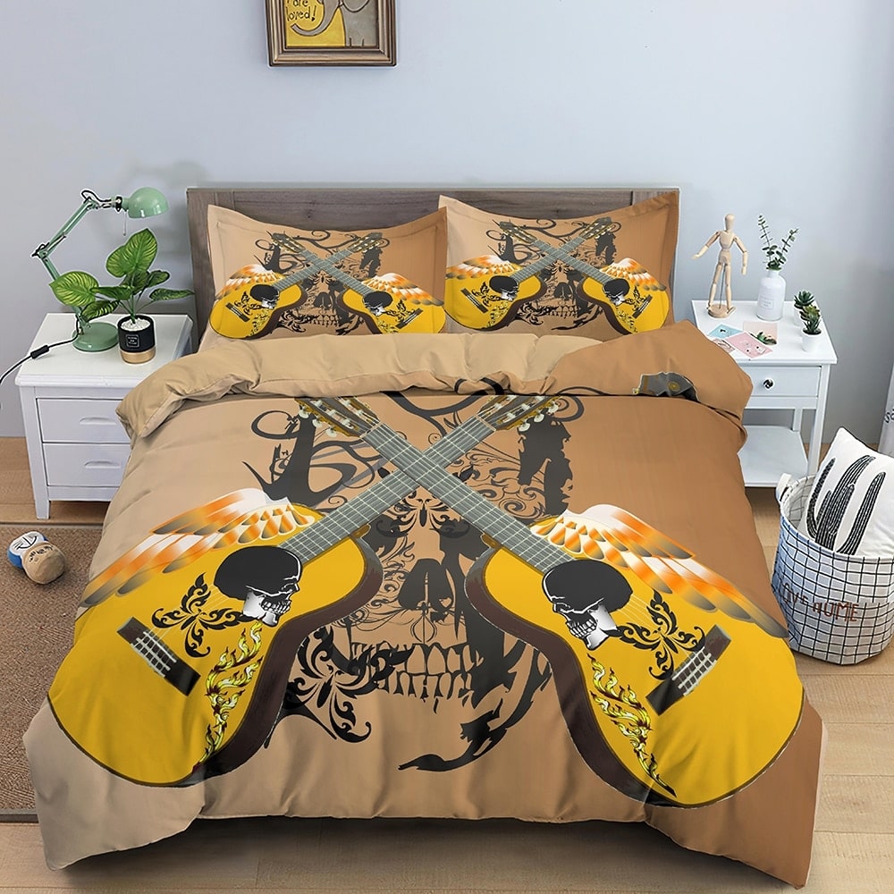 Parure de lit marron motif guitare jaune et crâne 42937 a82f49