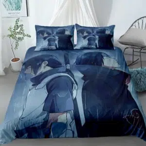 Parure de lit Sasuke et Itachi sous la pluie. Bonne qualité, confortable et à la mode sur un lit dans une maison