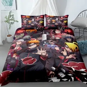 Parure de lit Akatsuki. Bonne qualité, confortable et à la mode sur un lit dans une maison