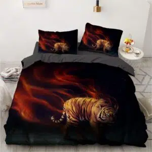 Parure de lit tigre ténèbres. Bonne qualité, confortable et à la mode sur un lit dans une maison