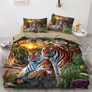 Parure de lit famille tigre. Bonne qualité, confortable et à la mode sur un lit dans une maison