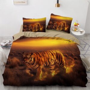 Parure de lit tigre coucher de soleil. Bonne qualité, confortable et à la mode sur un lit dans une maison