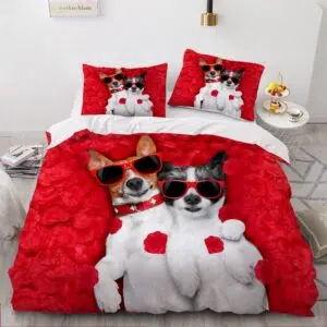 Parure de lit rouge motif chien avec des lunettes. Bonne qualité, confortable et à la mode sur un lit dans une maison