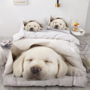 Parure de lit chiot blanc qui dort. Bonne qualité, confortable et à la mode sur un lit dans une maison