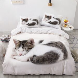 Parure de lit chat qui dort. Bonne qualité, confortable et à la mode sur un lit dans une maison