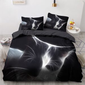 Parure de lit noir motif chat. Bonne qualité, confortable et à la mode sur un lit dans une maison