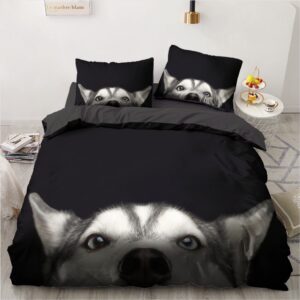Parure de lit noire motif chien. Bonne qualité, confortable et à la mode sur un lit dans une maison