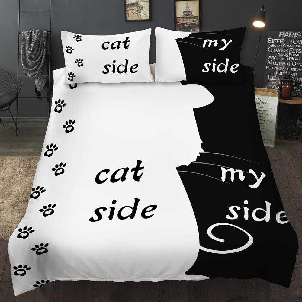 Parure de lit noir et blanc avec empreinte de chat 44625 2180ed