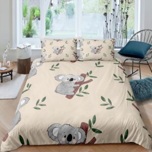 Parure de lit beige motif koala. Bonne qualité, confortable et à la mode sur un lit dans une maison