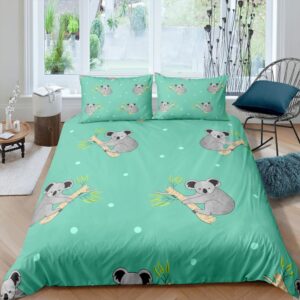 Parure de lit verte motif koala. Bonne qualité, confortable et à la mode sur un lit dans une maison