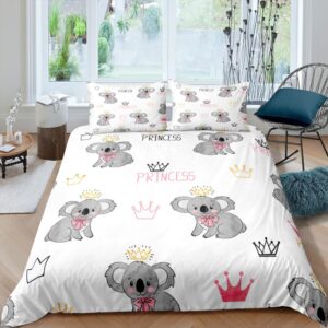 Parure de lit jaune motif koala qui dort. Bonne qualité, confortable et à la mode sur un lit dans une maison