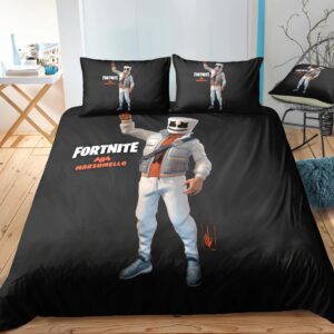 Parure de lit Marshmello Fortnite. Bonne qualité, confortable et à la mode sur un lit dans une maison