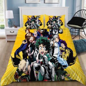 Parure de lit jaune My Hero Academia. Bonne qualité, confortable et à la mode sur un lit dans une maison