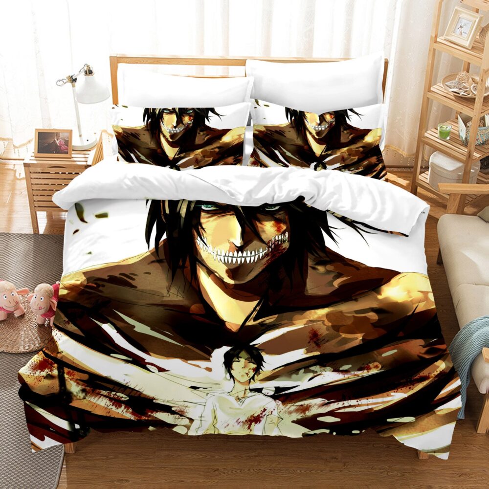 Parure de lit blanche à motif Eren Jager. Bonne qualité, confortable et à la mode sur un lit dans une maison