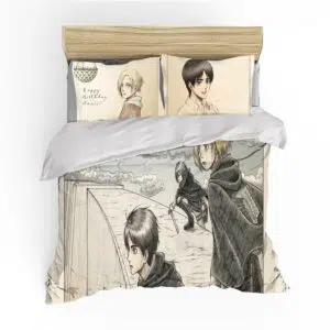 Parure de lit grise à motif Christa, Eren et Mikasa. Bonne qualité, confortable et à la mode sur un lit dans une maison