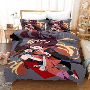 Parure de lit grise Nezuko Demon Slayer. Bonne qualité, confortable et à la mode sur un lit dans une maison