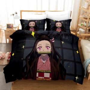 Parure de lit noire Nezuko Kamado Demon Slayer. Bonne qualité, confortable et à la mode sur un lit dans une maison