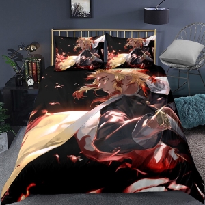 Parure de lit noire avec imprimé Rengoku Kyôjurô. Bonne qualité, confortable et à la mode sur un lit dans une maison