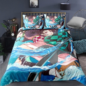 Parure de lit bleu ciel Tanjiro et Nezuko Demon Slayer. Bonne qualité, confortable et à la mode sur un lit dans une maison
