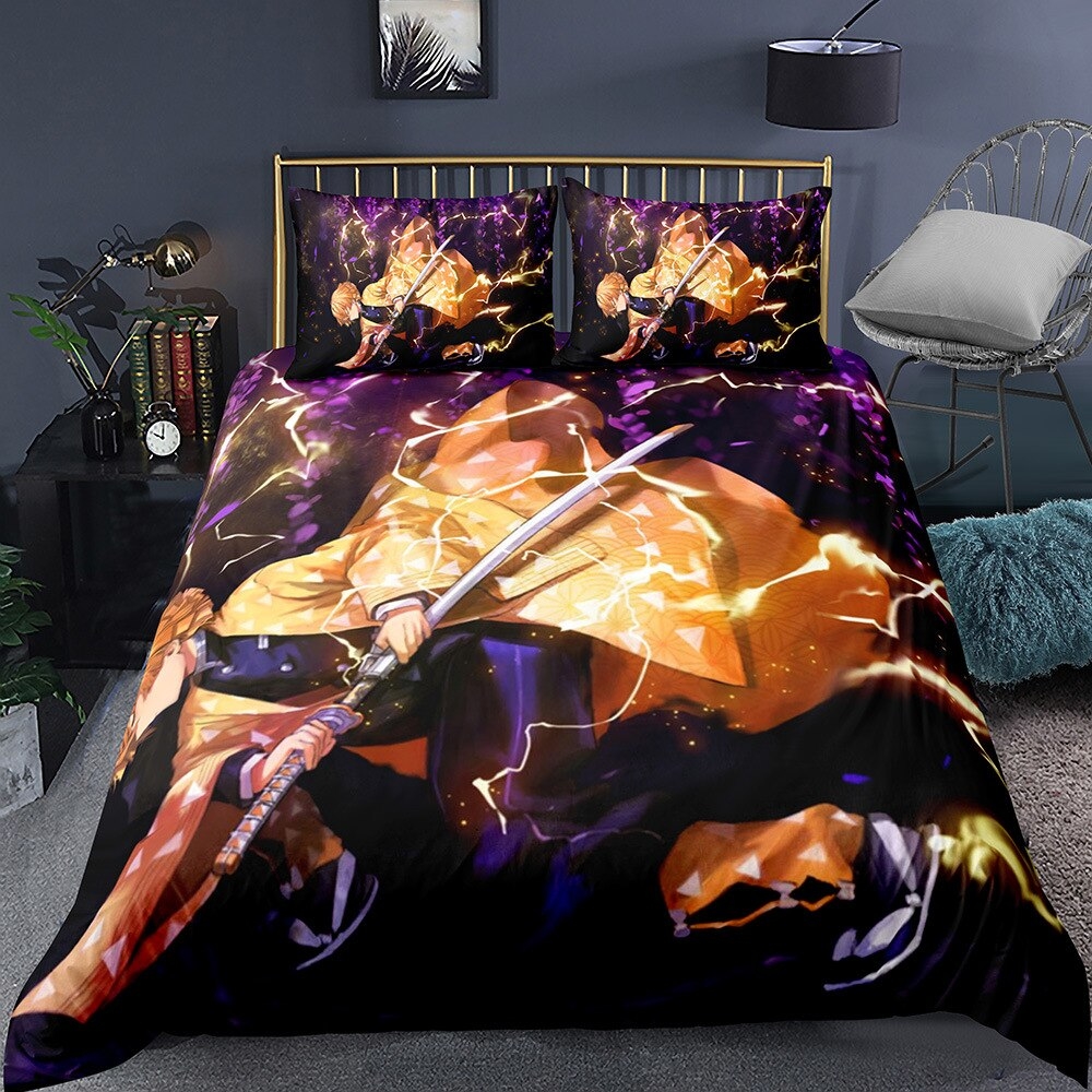 Parure de lit noir violet avec imprimé Agatsuma Zenitsu. Bonne qualité, confortable et à la mode sur un lit dans une maison