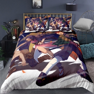 Parure de lit blanche avec imprimé personnages Demon Slayer. Bonne qualité, confortable et à la mode sur un lit dans une maison