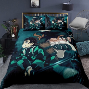 Parure de lit verte Tanjiro et Nezuko Demon Slayer. Bonne qualité, confortable et à la mode sur un lit dans une maison