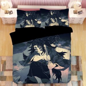 Parure de lit grise Kokushibou Demon Slayer. Bonne qualité, confortable et à la mode sur un lit dans une maison