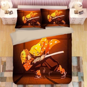 Parure de lit marron jaune avec imprimé Agatsuma Zenitsu. Bonne qualité, confortable et à la mode sur un lit dans une maison